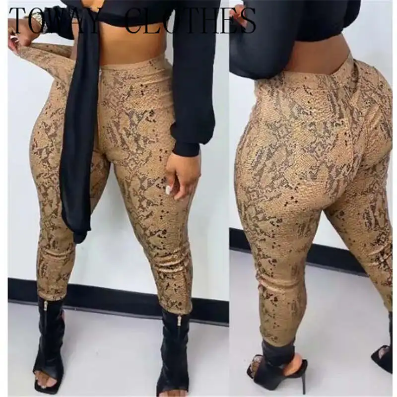 

Брюки женские облегающие с принтом змеиной кожи, высокой талией и карманами