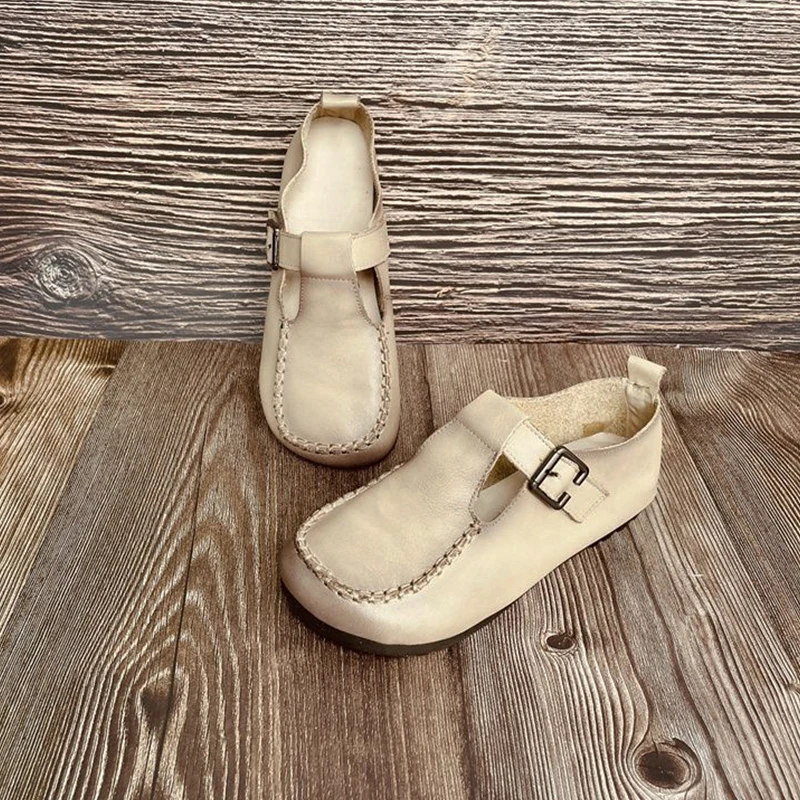 Retro Soft Artificial Leather Loafers Woman Vintage T-Strap Mary Janes Ladies Comfy Wide Toe Flat Moccasion Shoes