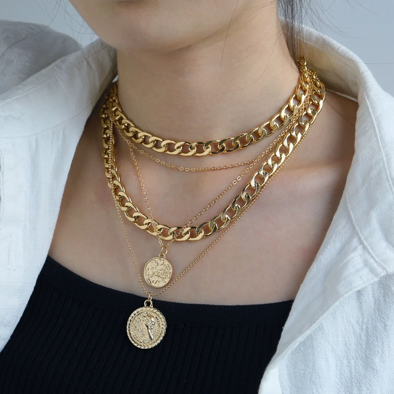 

Trendy Punk Vintage Multi-layered Portrait Coin Pendant Necklace Set Chunky Thick Cuban Link Chain Choker Necklace Women Jewlery