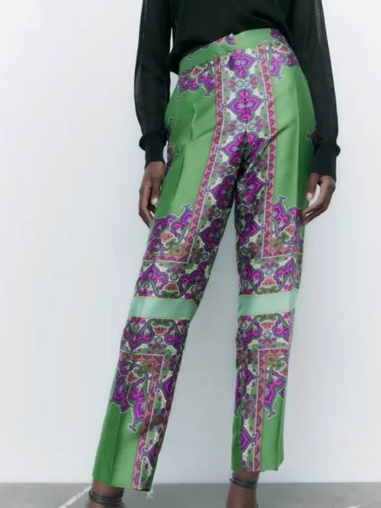 

Kumsvag 2022 Summer Women Satin Straight Pants Vintage Print Button Zipper Female Elegant Street Ankle-Length Pants Trousers