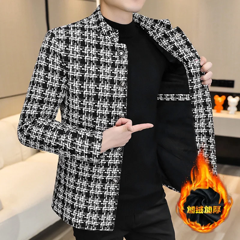 

HOO 2023 Men's New Autumn and Winter Two-Tone Woolen Thickened Plaid Suit Jacket Stand Collar Casual blazer