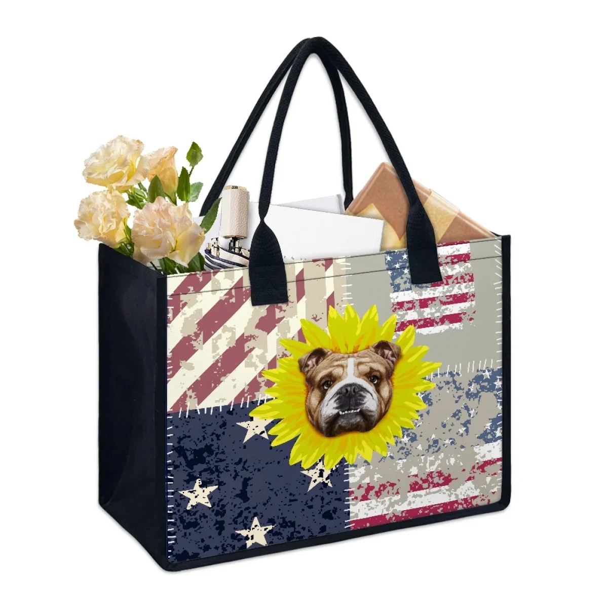 

American Flag Flower Bull Pattern Design Female Handbag Elegant Tote Bag for Women Large Capacity Travel Shoulder Shopping Bags