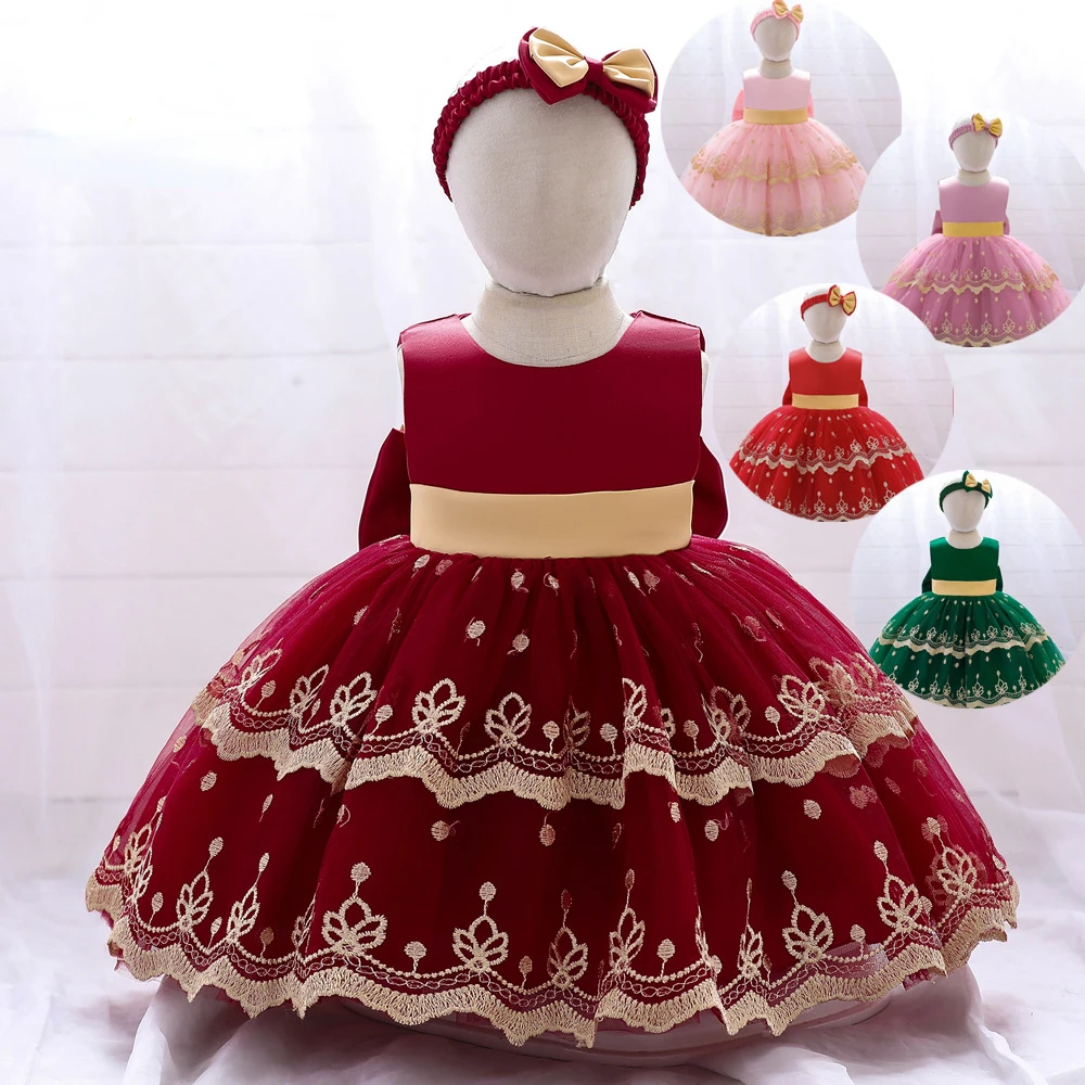 

Infant Bow Christening Baby Girls Cute Dresses Kids Clothes Wedding Babies Baptism Flower Princess 1st Birthday Dress Party Gown