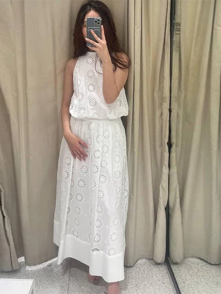 

Sleeveless O-neck Tops Elastic Waist A-Line Midi Skirts Suit Women White Embroidery Skirts Sets 2023 Summer Causal Hollow Out