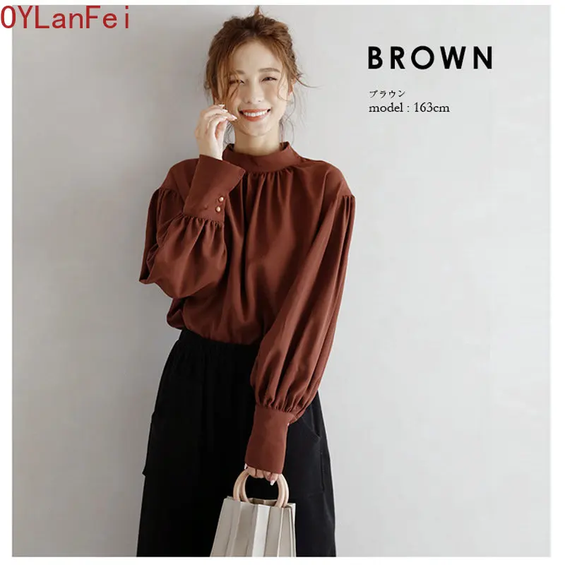 

High-end Chiffon Shirt Women 2023 New Japanese Stand-up Collar Urban Elegant Professional Round Neck Long-sleeved Tops