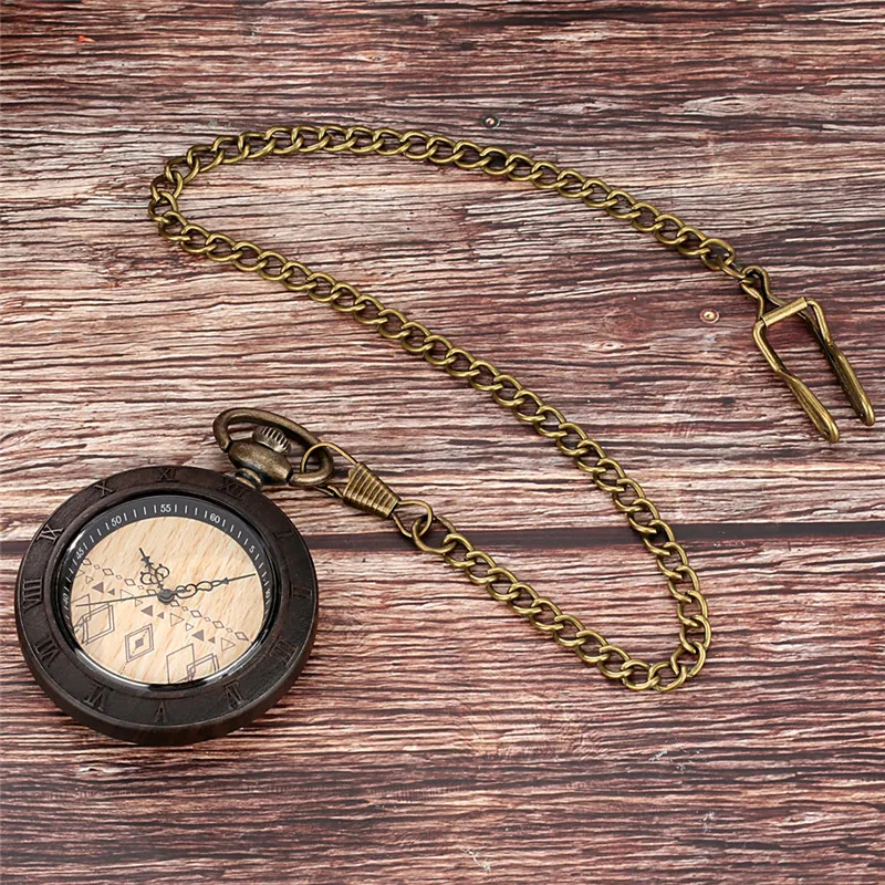 Antique Pocket Watch Rhombus Design Dial Sandalwood Wooden Quartz Analog Watches for Men Women with Pendant Chain Gift Timepiece