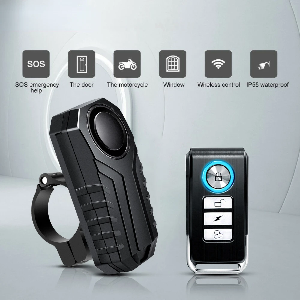 

Противоугонная сигнализация для велосипеда 113dB, вибрационный пульт дистанционного управления, водонепроницаемая сигнализация с фиксирова...