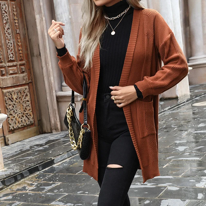 

2023 European and American Fashion Style Commuter Sweater Long Casual Solid Color Long Sleeve Knitted Cardigan Women's Autumn
