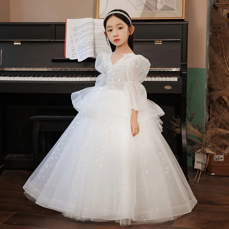 2022 High-end White Small Flower Mesh Dress Pageant Kids Dress Clothes Princess Girls Dress for Party Wedding Bridesmaid Prom