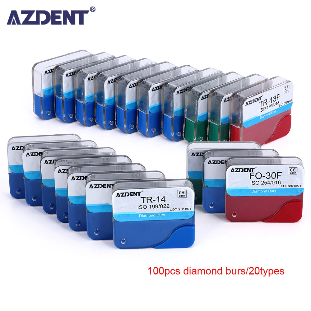 AZDENT 100pcs/20Box Dental Diamond Burs Drill Dental Burs Dia-burs for High Speed Handpiecess Medium FG 1.6M Dentist