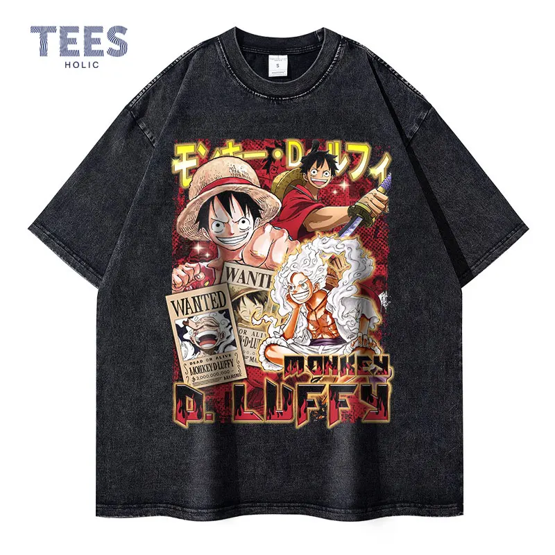 

Monkey D Luffy T Shirts Vintage Washed Portgas D Ace Tops Tees Streetwear Short Sleeve Anime One Piece Oversized T-shirt Men