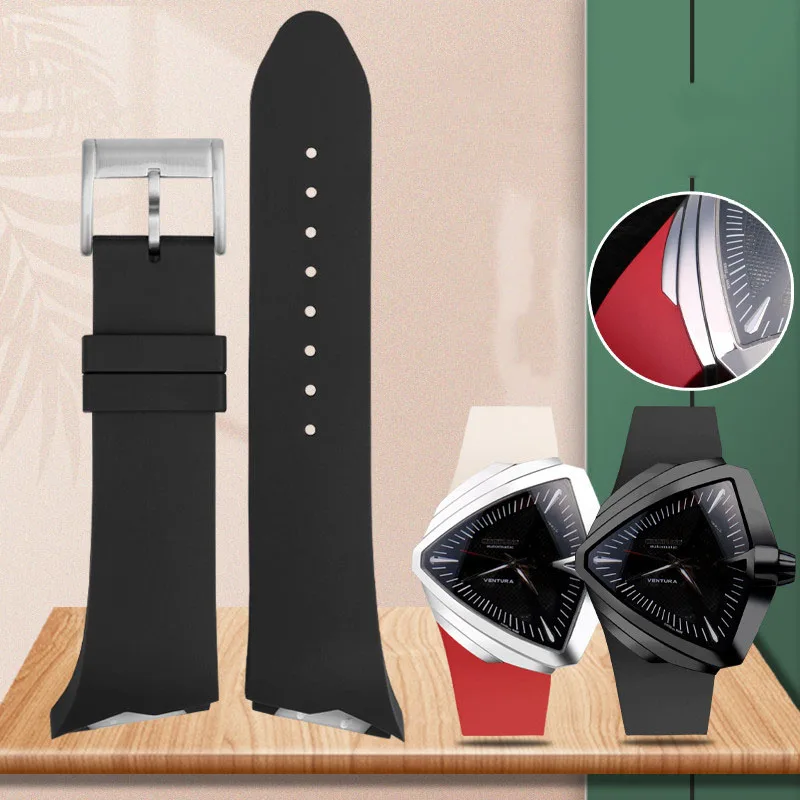 For Hamilton H24655331 H24615331 VENTURA Series Waterproof Silicone Strap Inclined Rubber Black Men's Watchband 25mm Bracelet