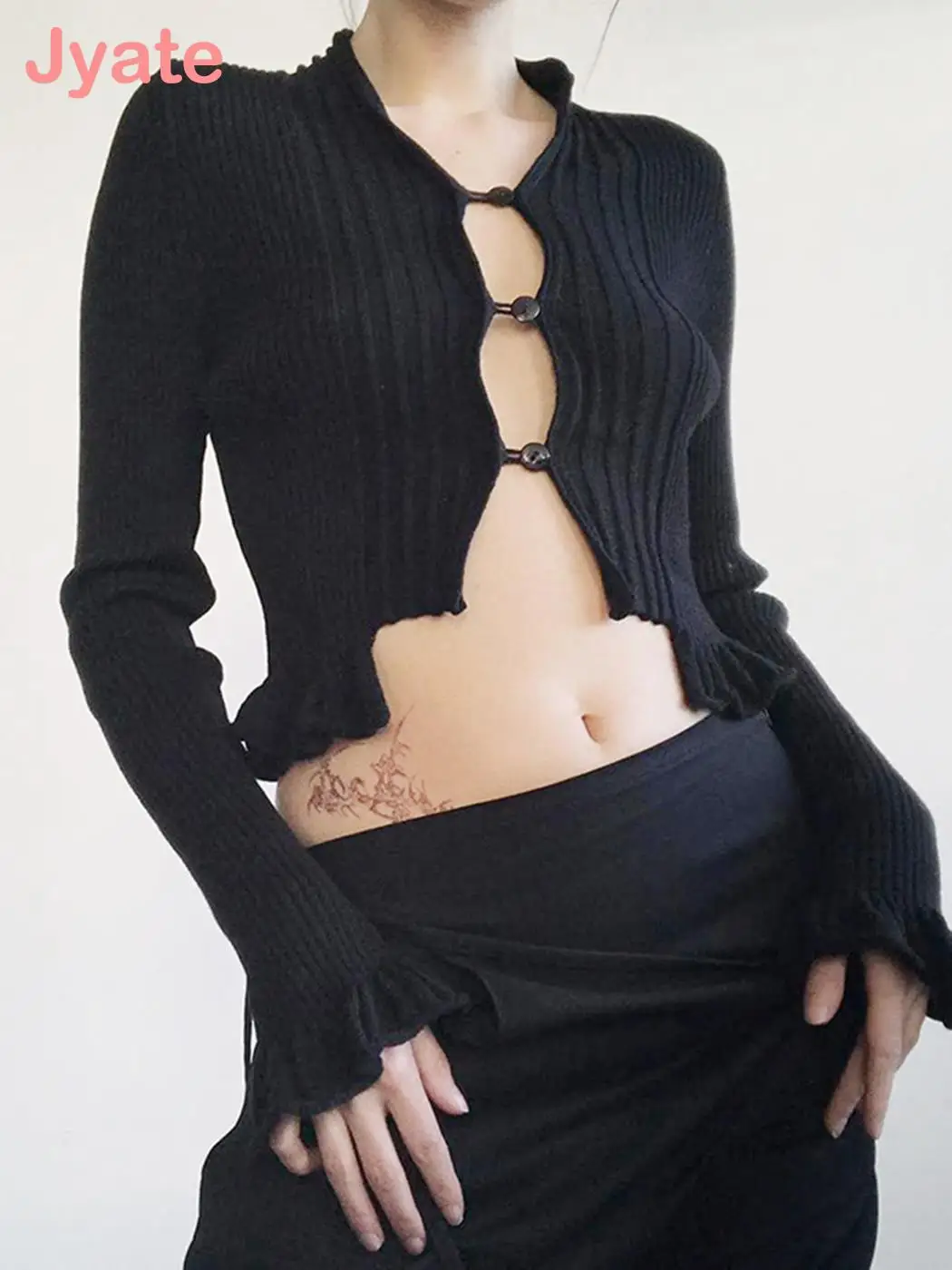 

Jyate Solid Black Single-breasted Knit Outfits Ruched Harajuku Aesthetic Vintage Slim Cardigans Casual Cute Women's Top Y2K