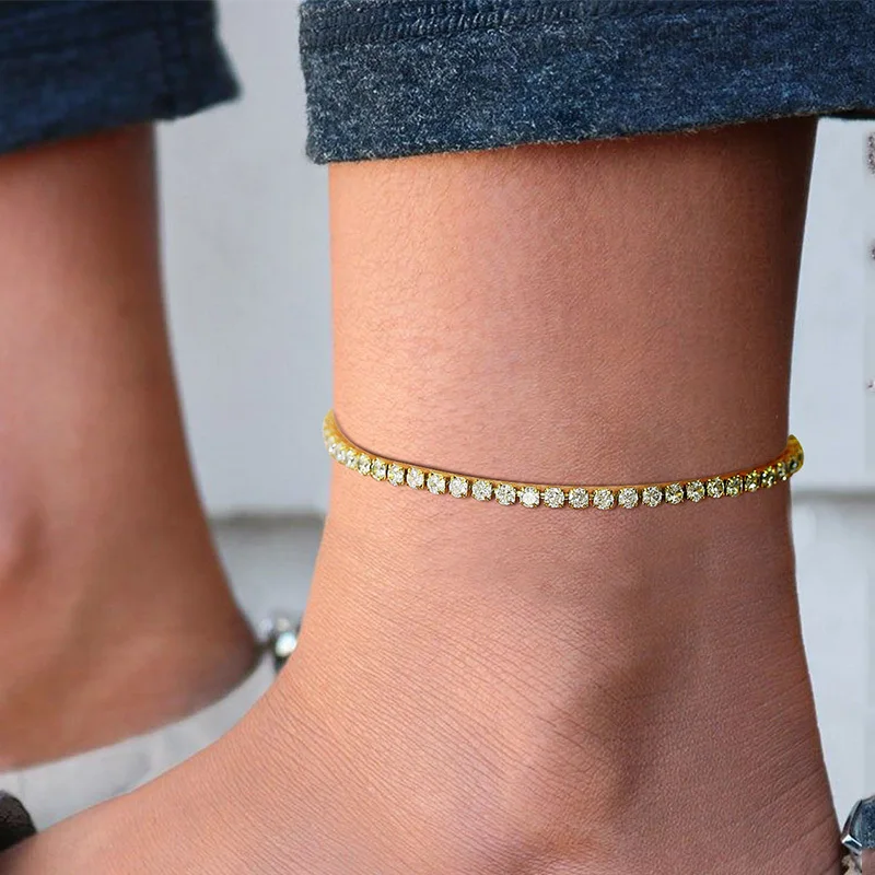 

Bling 3mm Tennis Chain Anklets for Women, Gold Tone Stainless Steel Trendy Adjustable Ankle Chain, Beach Holiday Foot Jewelry