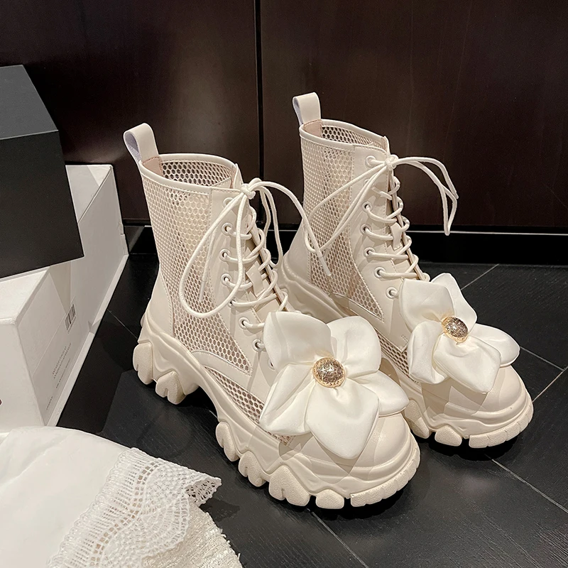 

new 2022 onlinestar recommend summer boots sheep leather thick platform round toe high heel all-match lace up mesh ankle boots