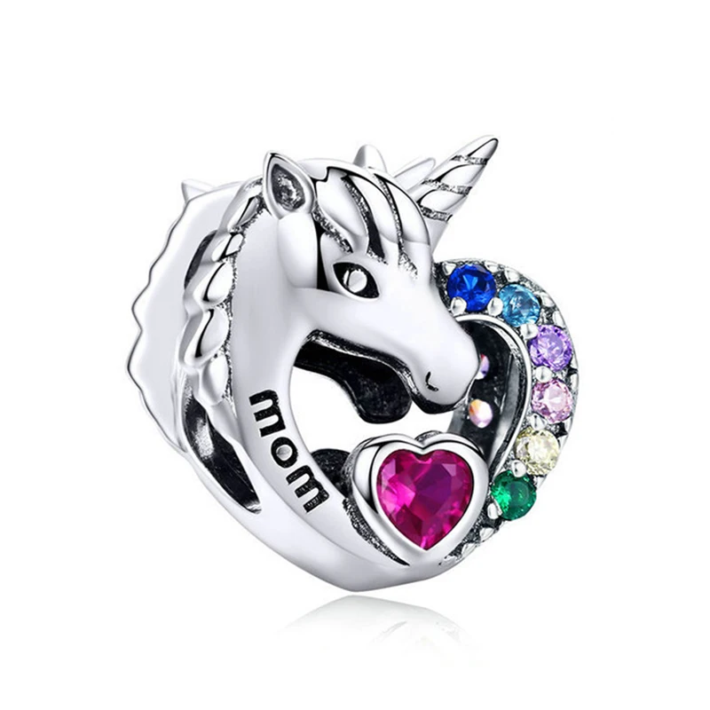 

Rainbow Crystal Zircon Cartoon Pony Mom Unicorn Beads Pulseira Girls Jewelry Heart Charms Bracelet Women Bangle Accessories DIY