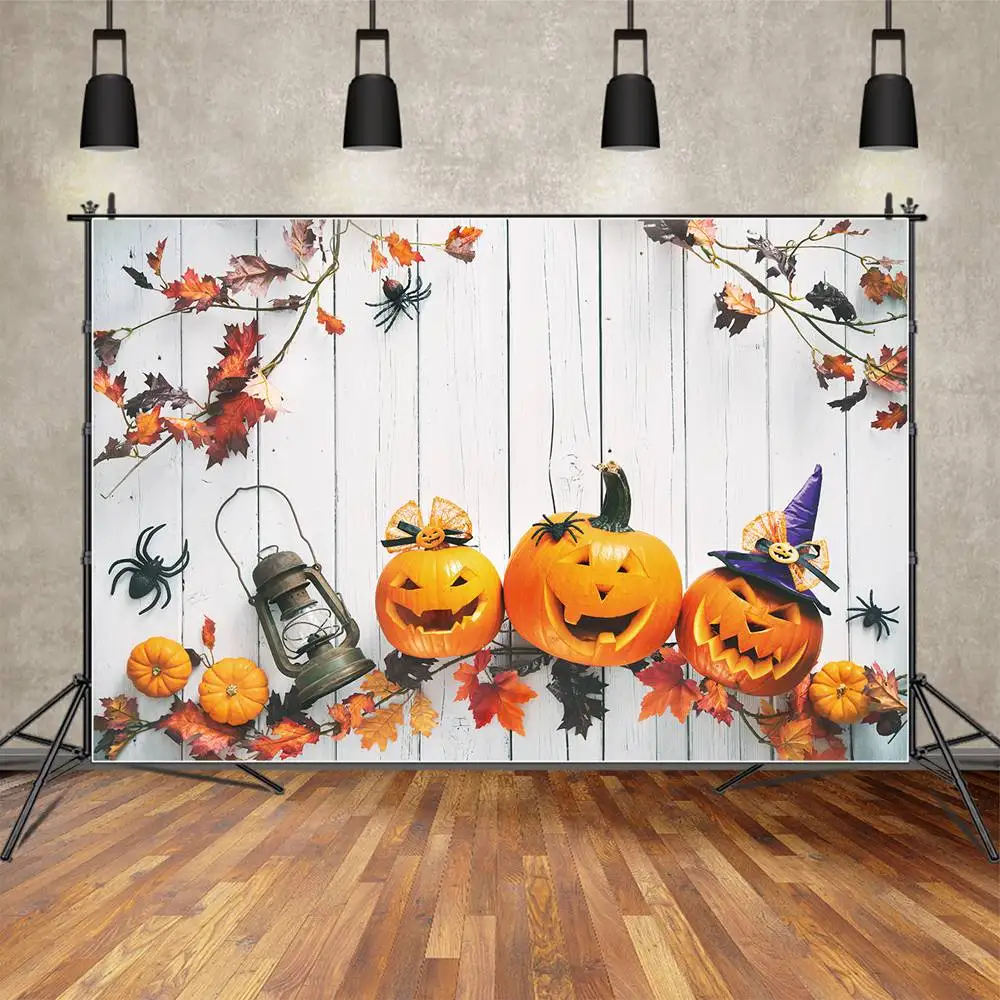 

MOON.QG Backdrop White Wood Pumpkin Party Photo Booth Halloween Background Baby Clown Hat Spider Lamp Maple Leaf Decorations