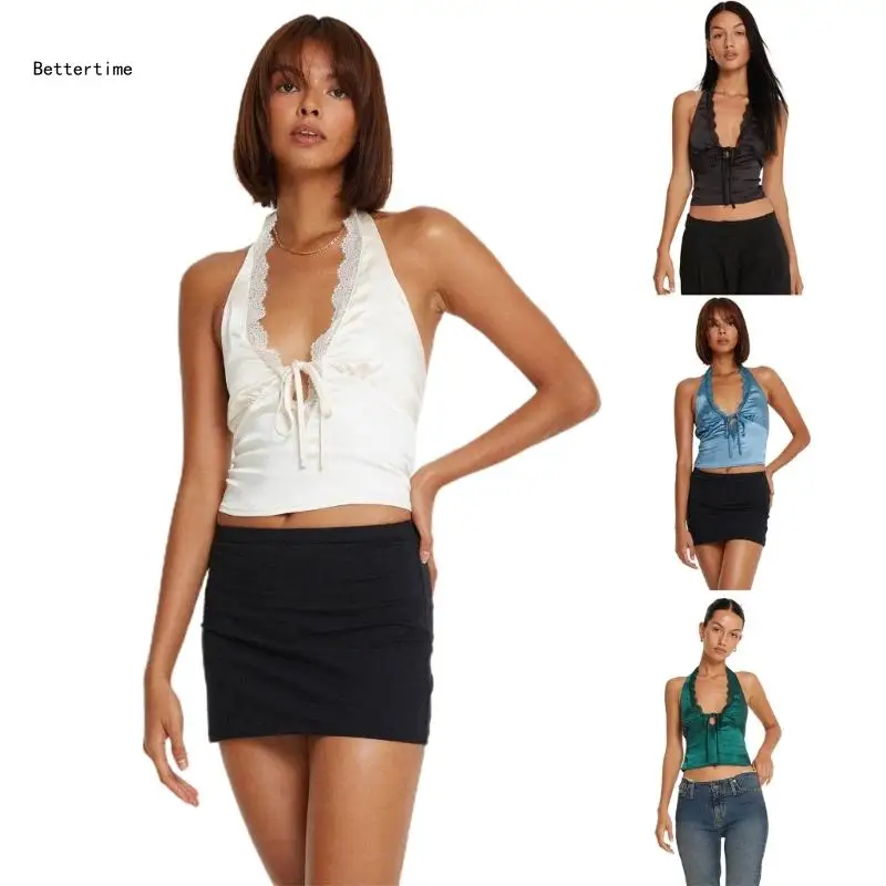 

B36D Halter Lace Deep V Neck Tops All-Match Sleeveless Vest Women Summer Casual Top Fashion Women Commute Clothes
