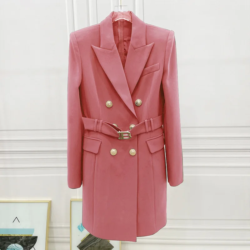 LXUNYI  High Quality Womens Blazer jacket 2022 Spring Fall Coat Fashion Double Breasted Long Design Metal Button Blazers Belt