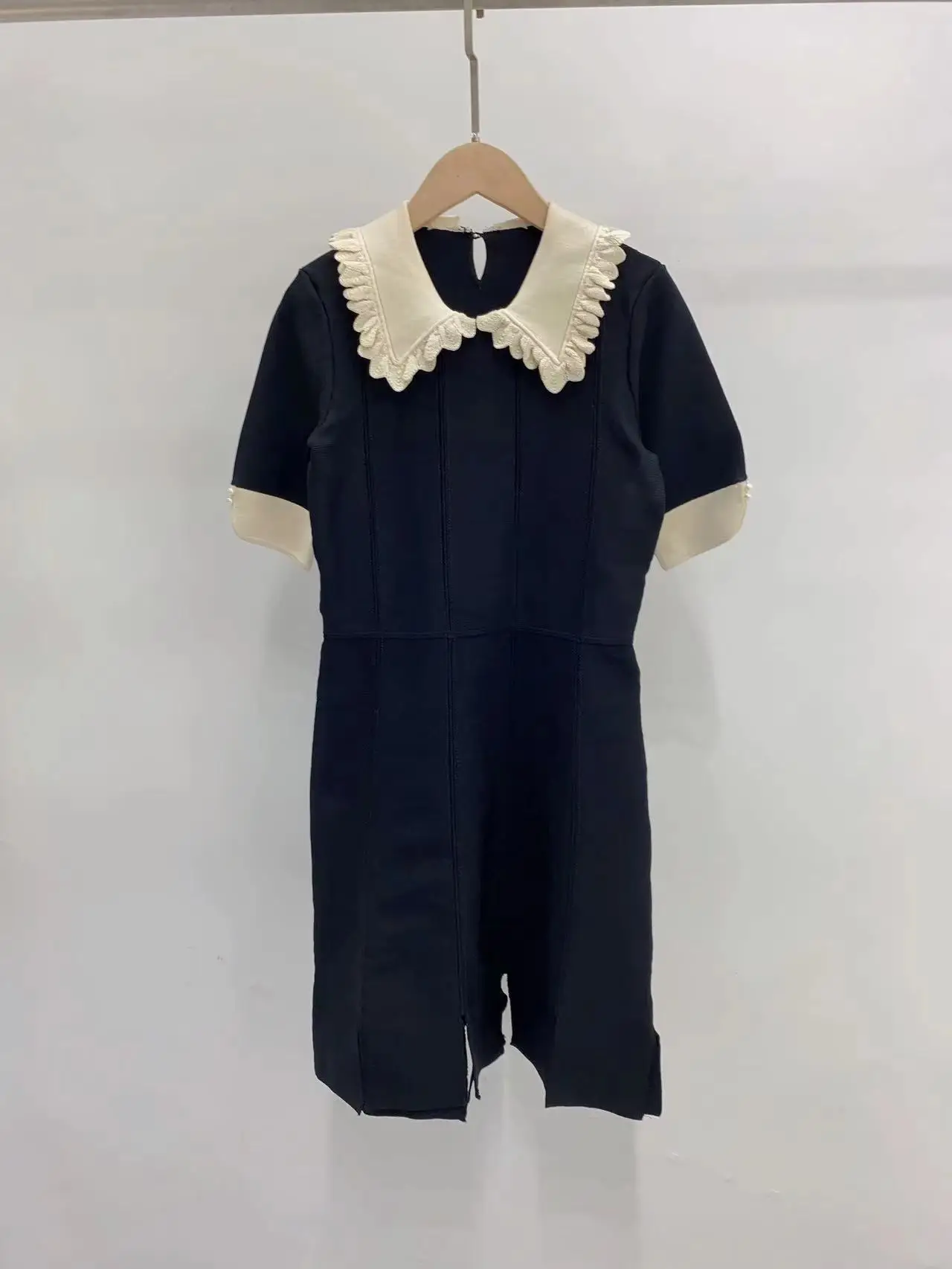 New Fall Winter 2022 Lace Collared Waist Slit Knit Dress Little Black Mini Dress Women