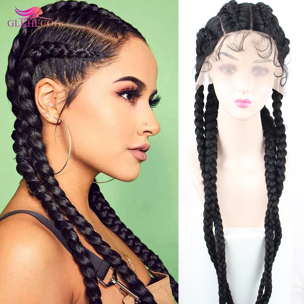 

32 Inches Synthetic Lace Wig Braided Wigs Natural Dark Black Burgundy Wig For Black Women American African Wig Wholesale Cheap