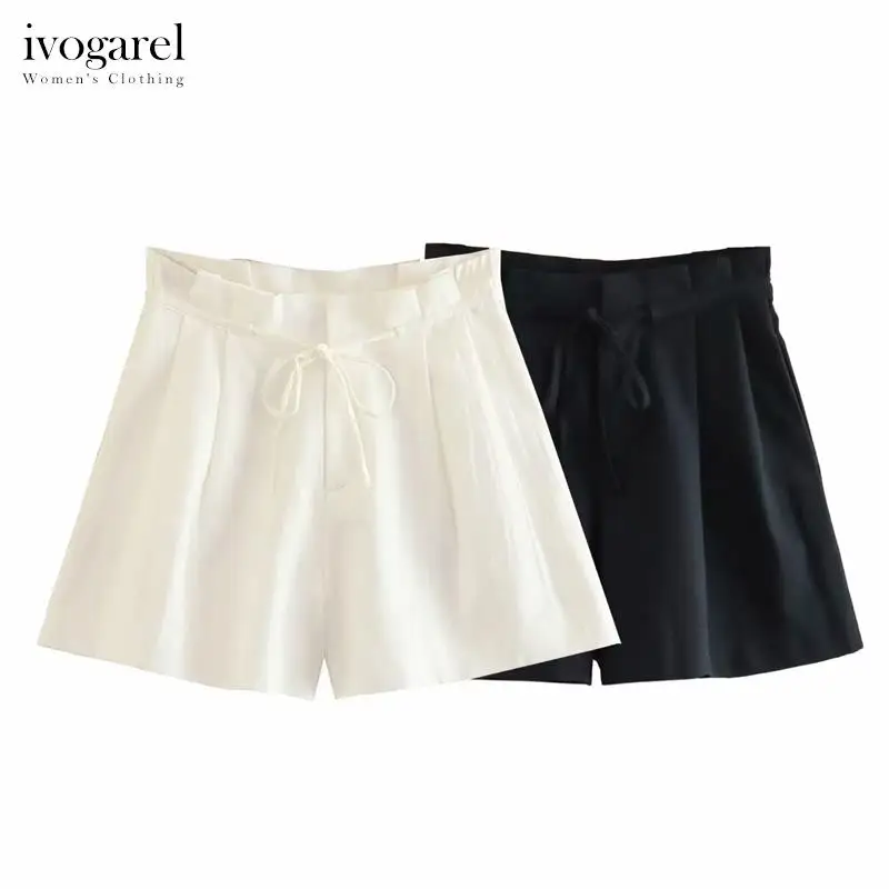 

Ivogarel Black and White Linen Blend Bermuda Shorts Women's Summer High-Waist Short Pants with Tie Belt Traf Casual Home Office