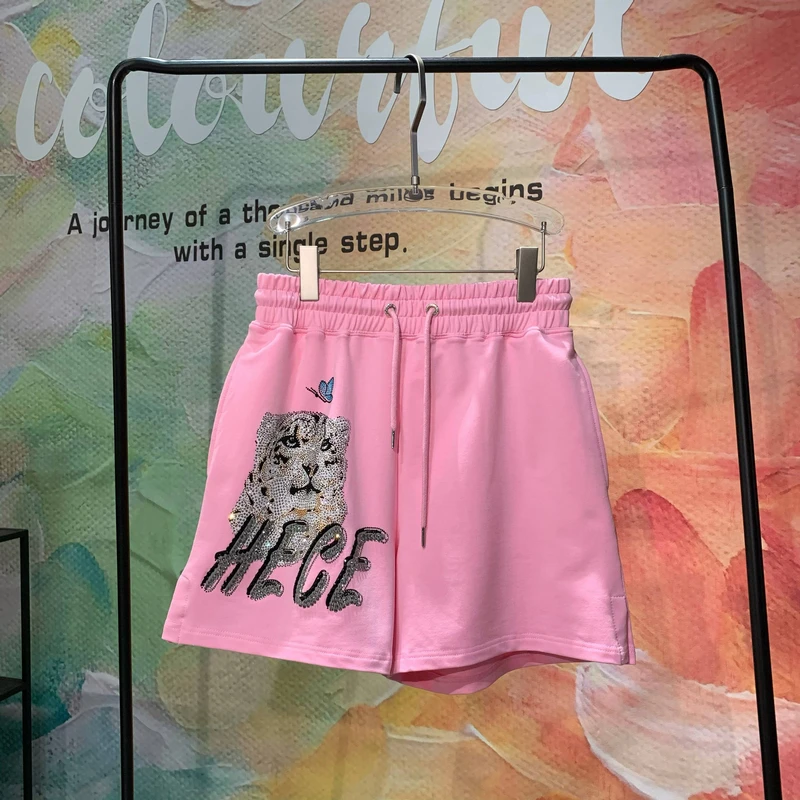 

Luxury Hot Drilling Tiger Silver Wings Pink Shorts 2022 New Summer Drawstring Elastic Waist Loose Wide Leg Casual Street Shorts