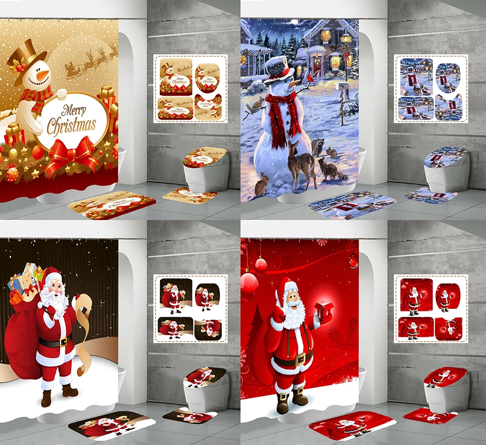 

Christmas Santa Claus Shower Curtain Set Waterproof Fabric Snowman Xmas Gift Bathroom Decor Non-Slip Rug Toilet Cover Bath Mats