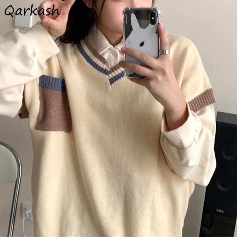 

Sweater Vest Women Patchwork Sleeveless Korean Style Outwear Students Streetwear Loose Fashion Lovely Chic All-match Stretchy