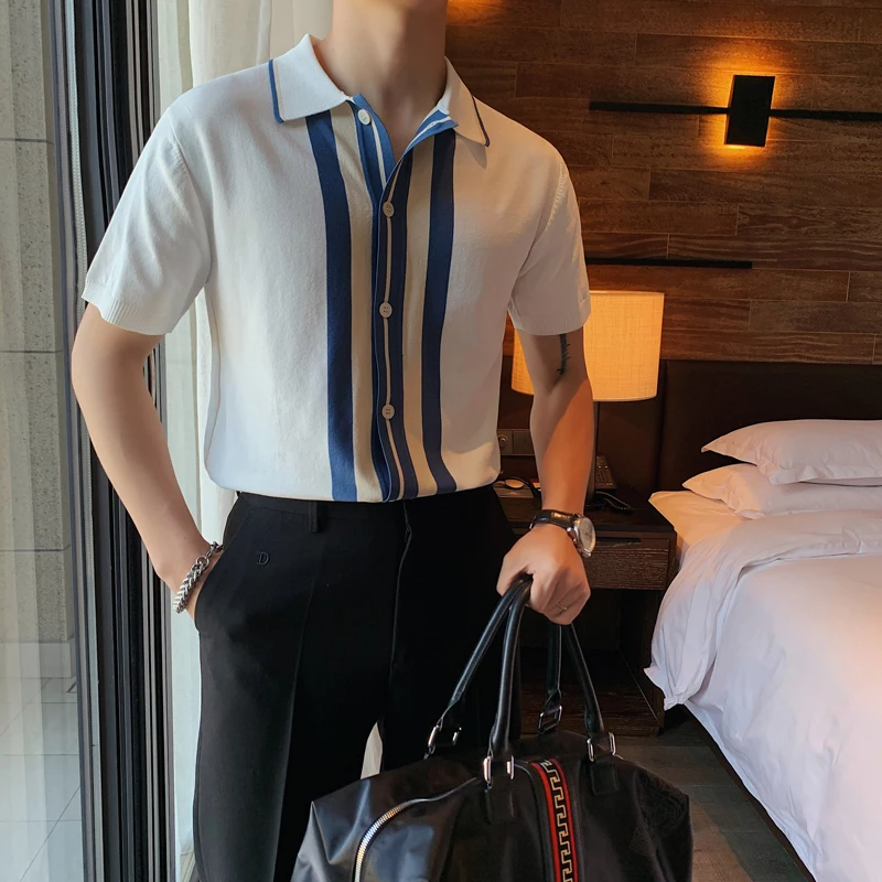 

2022 Summer Knitted Polo Shirt Men Striped Short Sleeve Cardigan T-shirt Slim Lapel Tee Tops Casual Business Polos Men Clothing