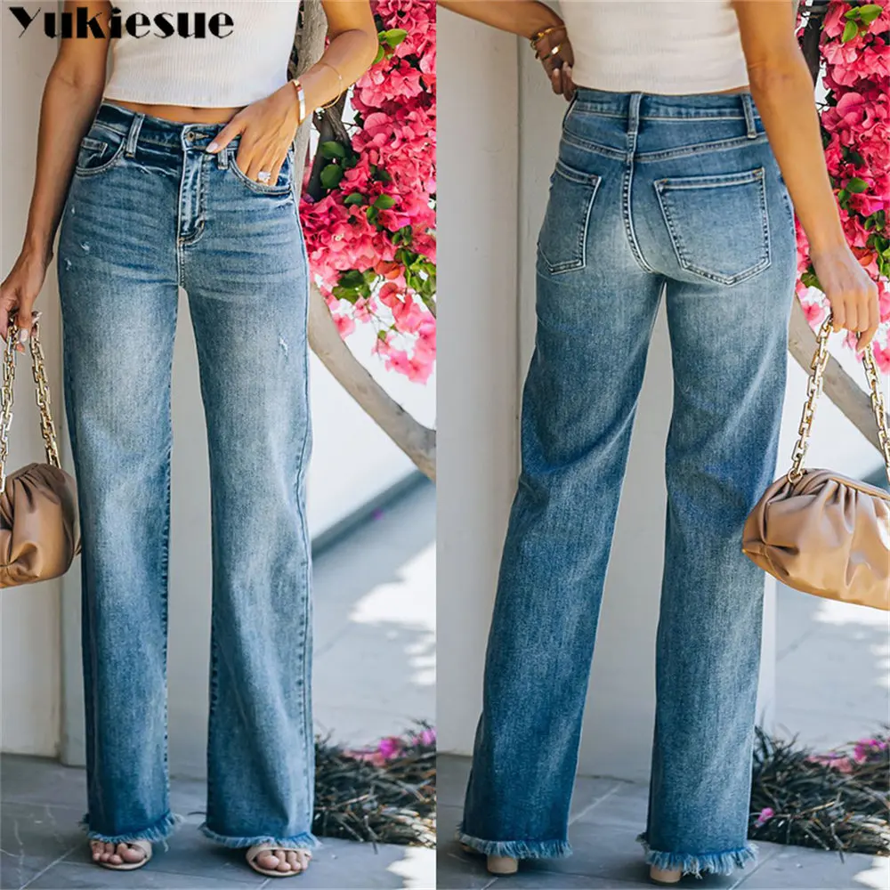 

Весенние винтажные прямые брюки, женские брюки, модные эластичные расклешенные брюки с широкими штанинами, женские джинсы с высокой талией, Повседневная Уличная одежда с разрезом