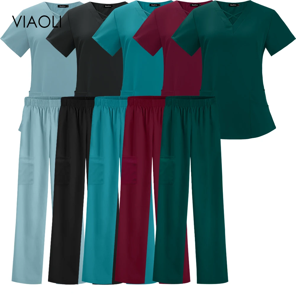 

Beautician High Quality Short Sleeve Scrubs Suits Tooth Check Workwear Spa Uniforms Scrub Work Suit Wholesale Women Uniform