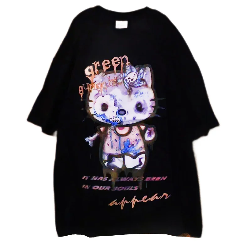 Hello Kitty Kawaii Cute Cartoon Tshirt 100% Cotton Loose Streetwear Female Goth Tee Fashion T Shirt Clothes Girl Birthday Gift
