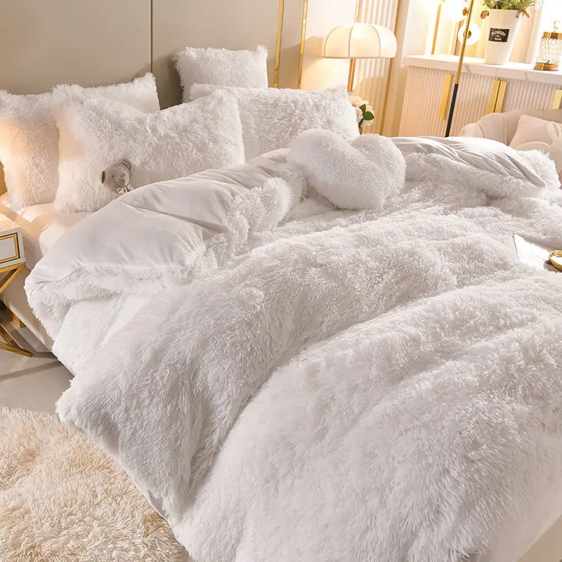 

Winter Coral Fleece Crystal Fleece Solid Color Four-piece Winter Thickened Warm Sheet Quilt Cover Pillowcase Queen Bedding Set