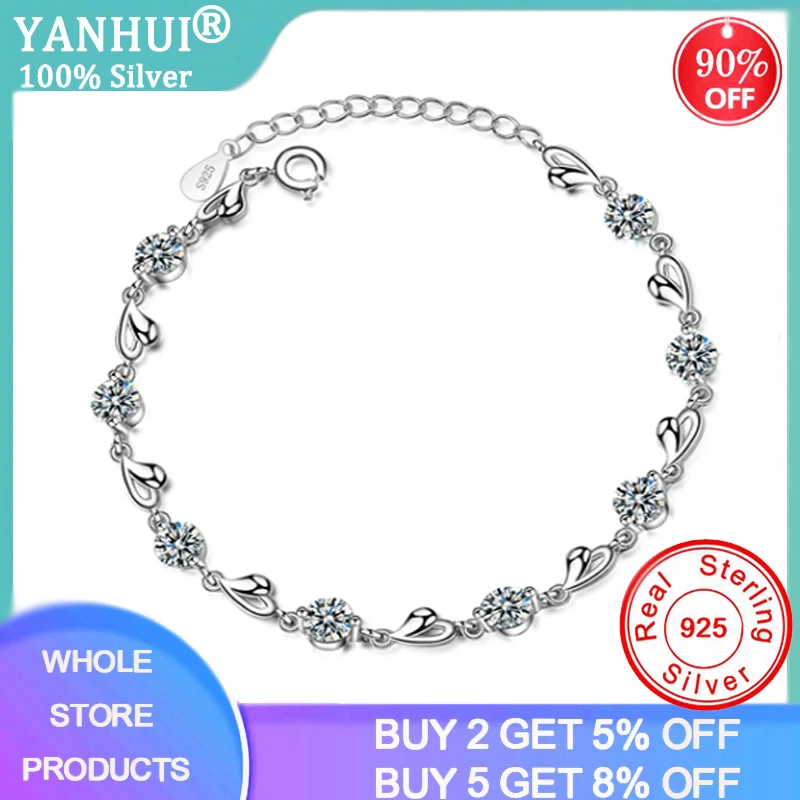 

YANHUI Delicate 925 Sterling Silver Zircon Love Heart Shaped Bracelets For Women Valentines Gift Wedding Jewelry SL113