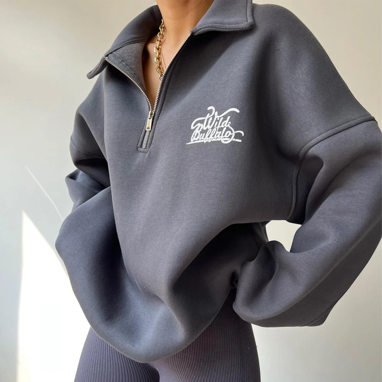 

Women Long Sleeve Pullover Half Zip Ladies Sports Pullover Solid Color Loose Fit Drop Shoulder Turn Down Collar Streetwear Suit