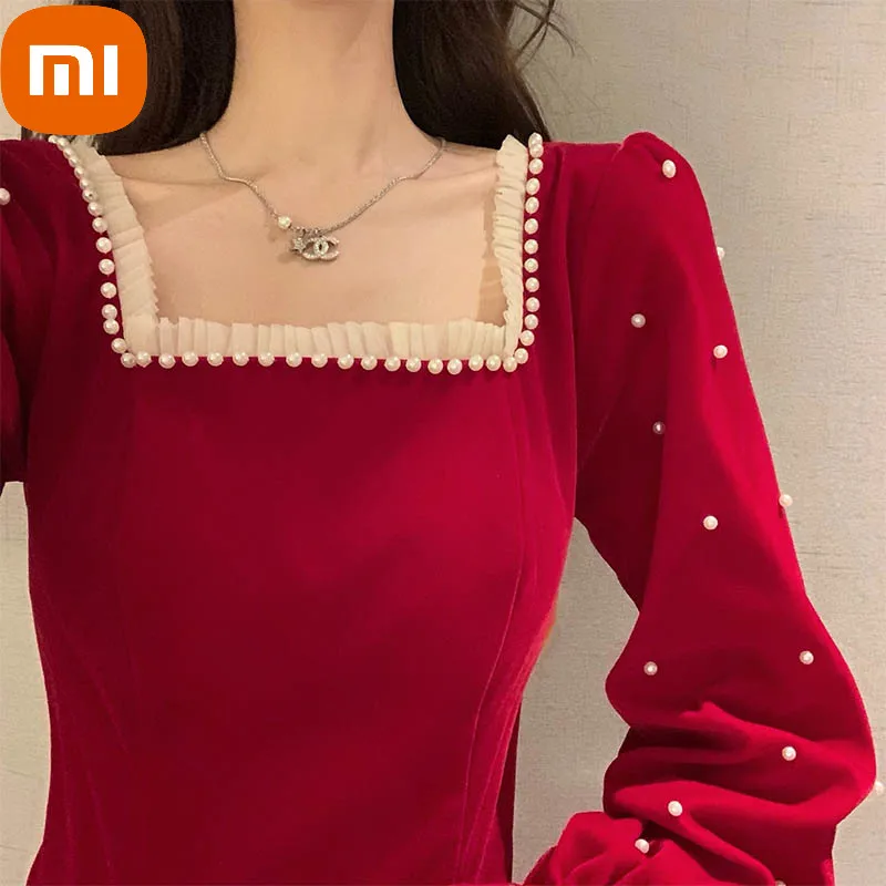 

XIAOMI Red France Vintage Dresses Women Winter Elegant Evening Party Midi Dresses Casual Designer Korean One-Piece Dress