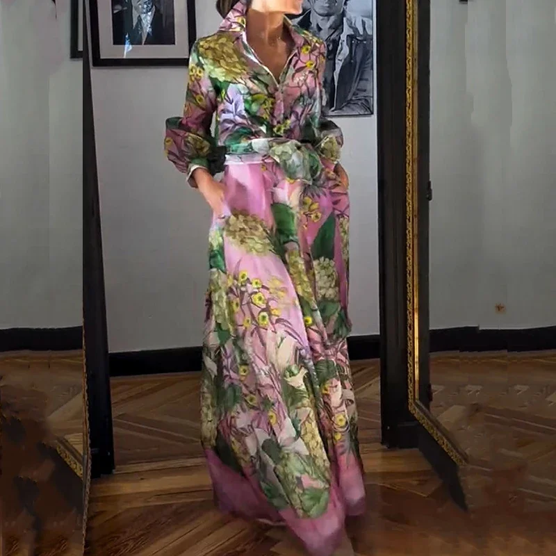 Повседневная рубашка с рукавами-фонариками лацканами + длинная юбка костюм 2024