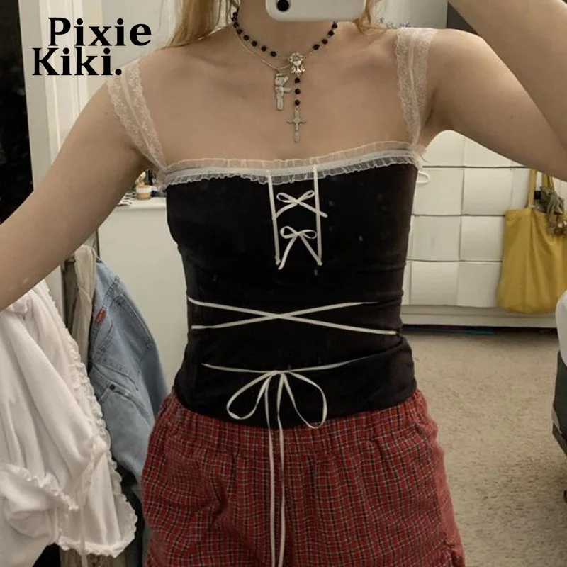 

Винтажный кроп-топ PixieKiki Y2k, кружевная отделка, бант, глубокий вырез, квадратный вырез