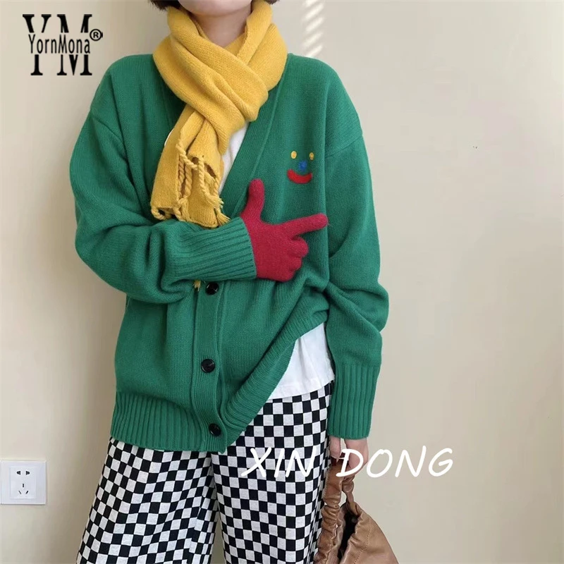 

Свитер YornMona с улыбающимся рисунком, кардиганы для женщин, повседневные свободные джемперы с V-образным вырезом и длинными рукавами, осенние женские вязаные пальто