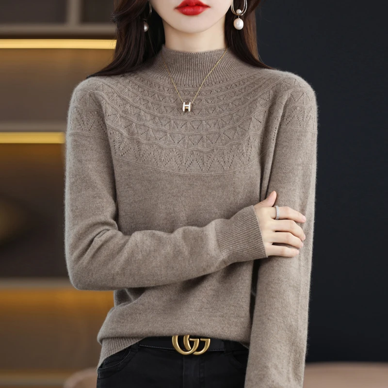 Женский Однотонный Шерстяной Трикотаж Эластичный Пуловер С Воротником-стойкой