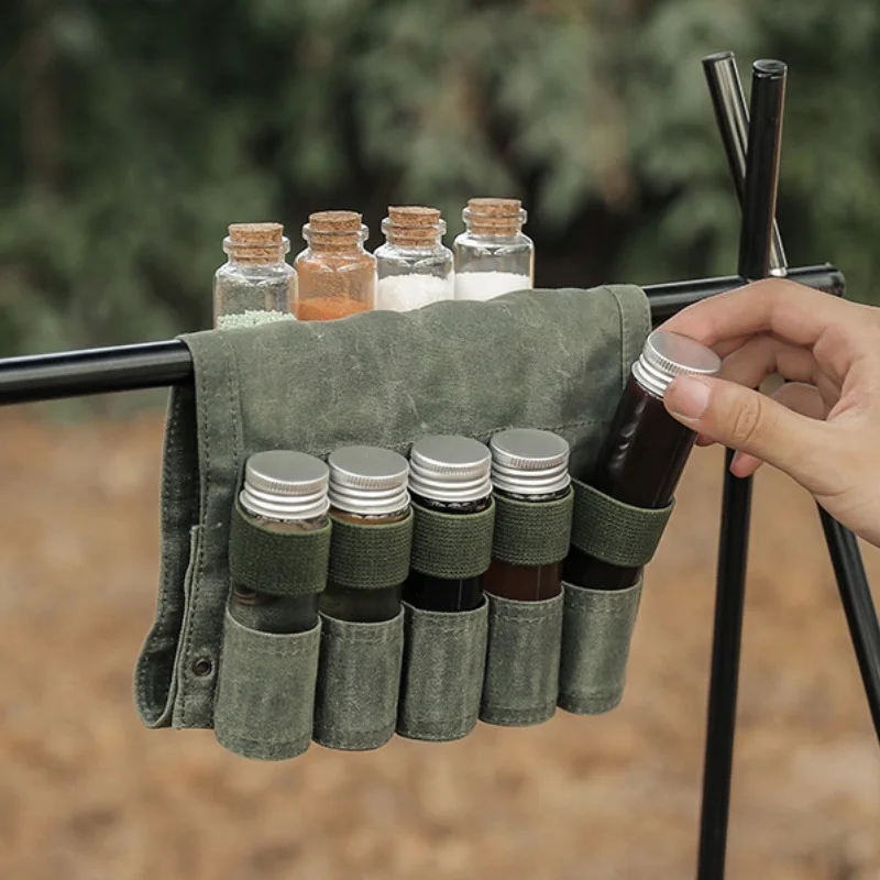 

Outdoor Camping Seasoning Bottle Storage Bag Canvas Organizers with The Gift of 9 Seasoning Bottles BBQ Tools Camping Equipment