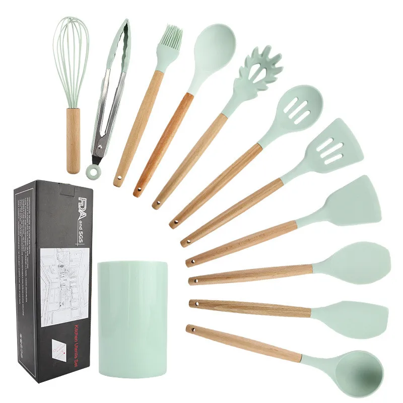 

11pcs/set Silicone Kitchen Utensils Set Cookware Spoon Spatula Shovel Egg Beater Wooden Handle Cooking Tools Set Kitchen Gadgets