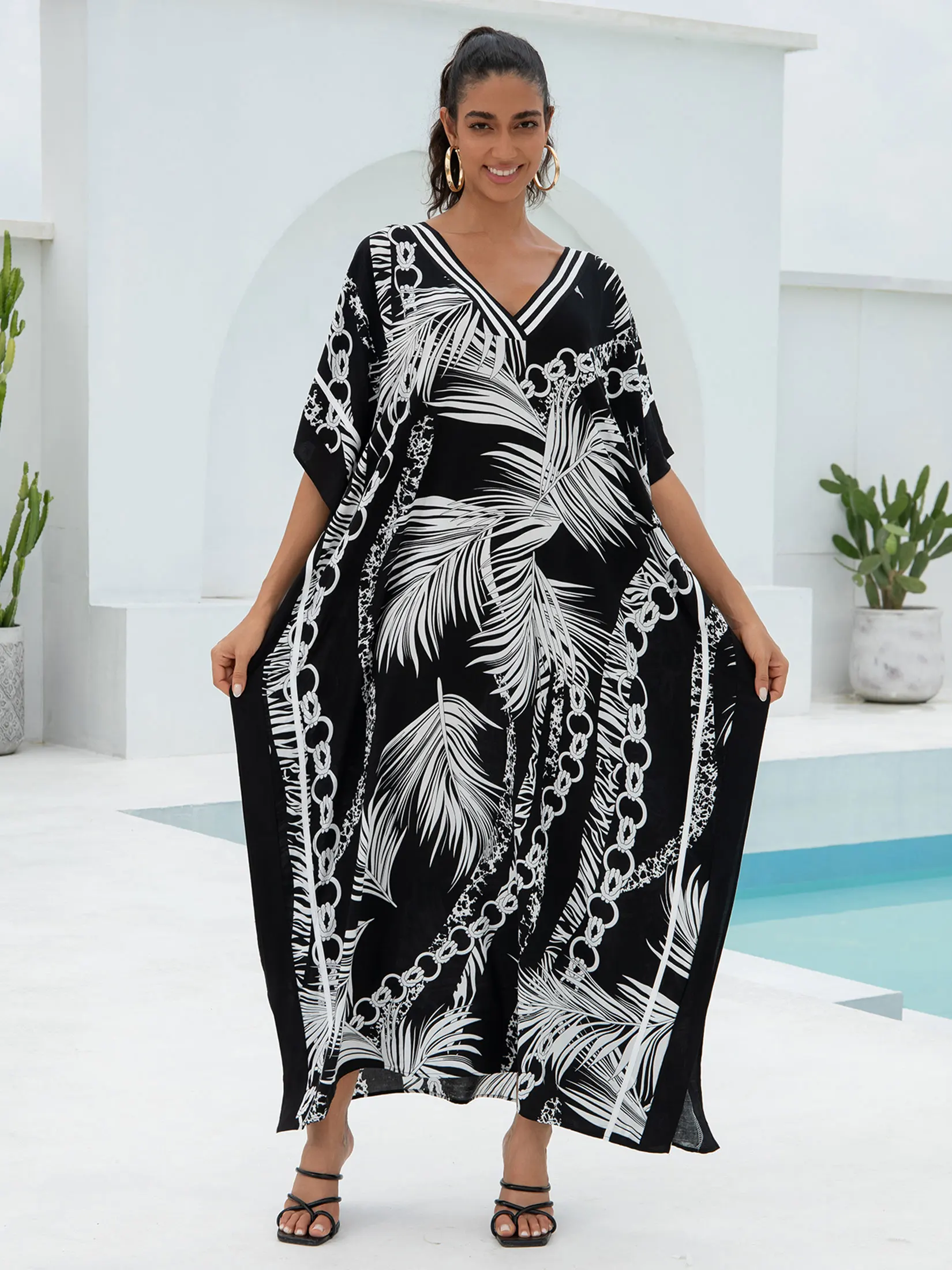Женское Пляжное Платье В Стиле Бохо Свободное Черное С V-образным Вырезом Длинной