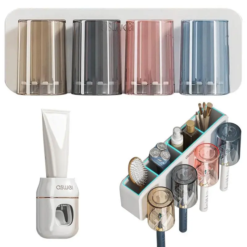 

Bathroom Toothbrush Holder Family Tooth Brush Stand Set With Toothpaste Dispensers Punch-free Multifunctional Toothbrush