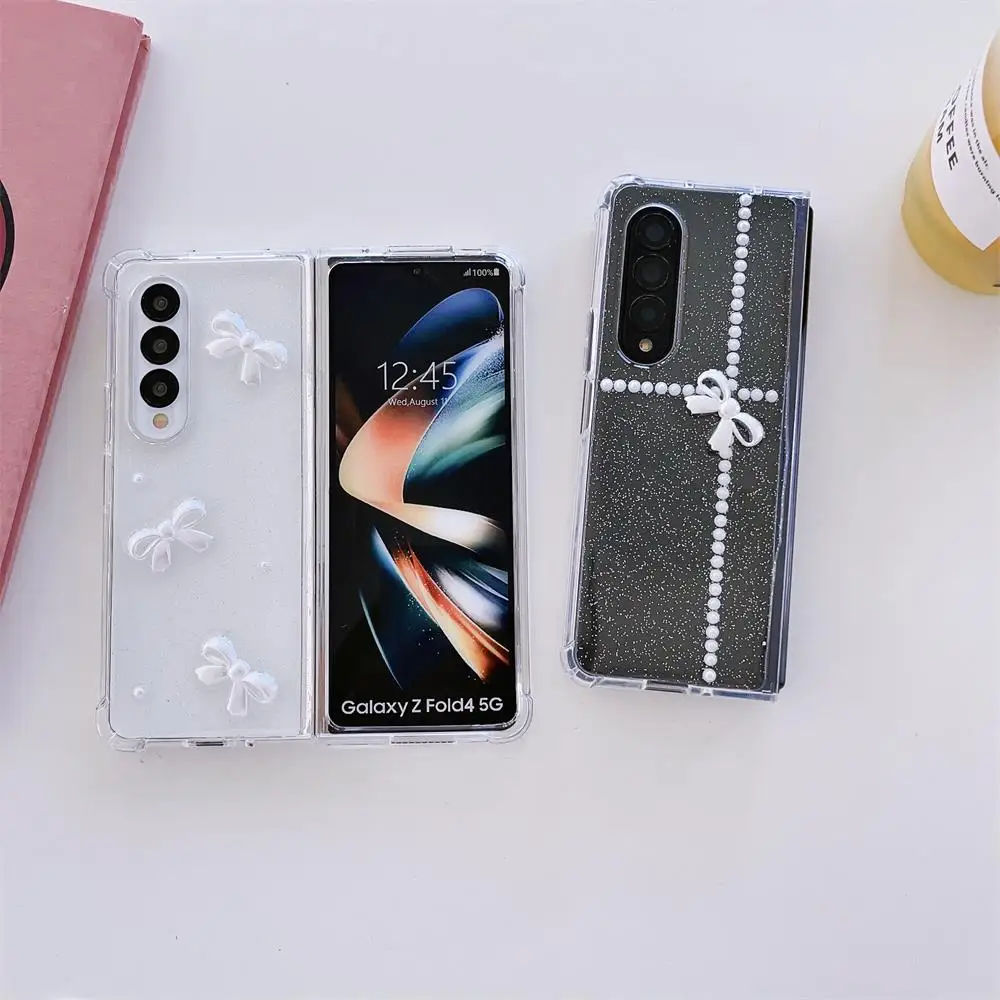 For Samsung Galaxy Z Fold 4 3 Case 3D Glitter Bow Transparent Four Corners Shockproof Soft Silicone Protective Cover Accessories