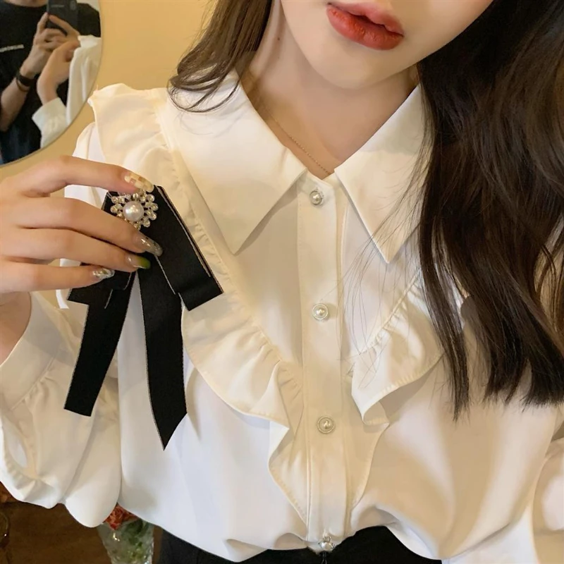 

Women New 2022 Button Up Shirt Bow Tie Long Sleeve Women Blouses Cute Chiffon Shirt Blouse Summer Ladies Tops Camisas Mujer H95