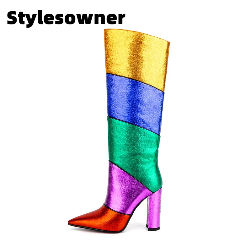 

Женские облегающие сапоги с плюшевой подкладкой, сапоги до колена с острым носком, яркие сапоги на высоком каблуке, Размеры 35-44, для зимы, 2023