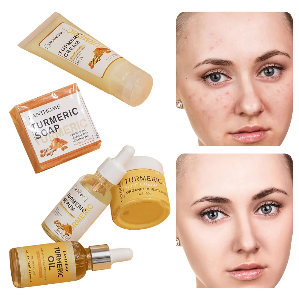 

5pcs Face Care Set Turmeric Facial Acne Cleansing Cream Fade Dark Spots Turmeric Serum Anti-Aging Skin Moisturizing Turmeric Oil