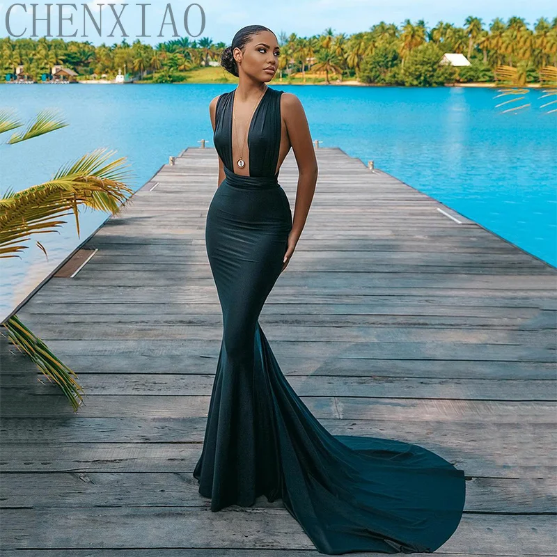 

CHENXIAO Elegant Mermaid Dark Green Prom Dress Sexy Slik Satin Brush Train Evening Dress 2022 Long Party Dress Robe de bal